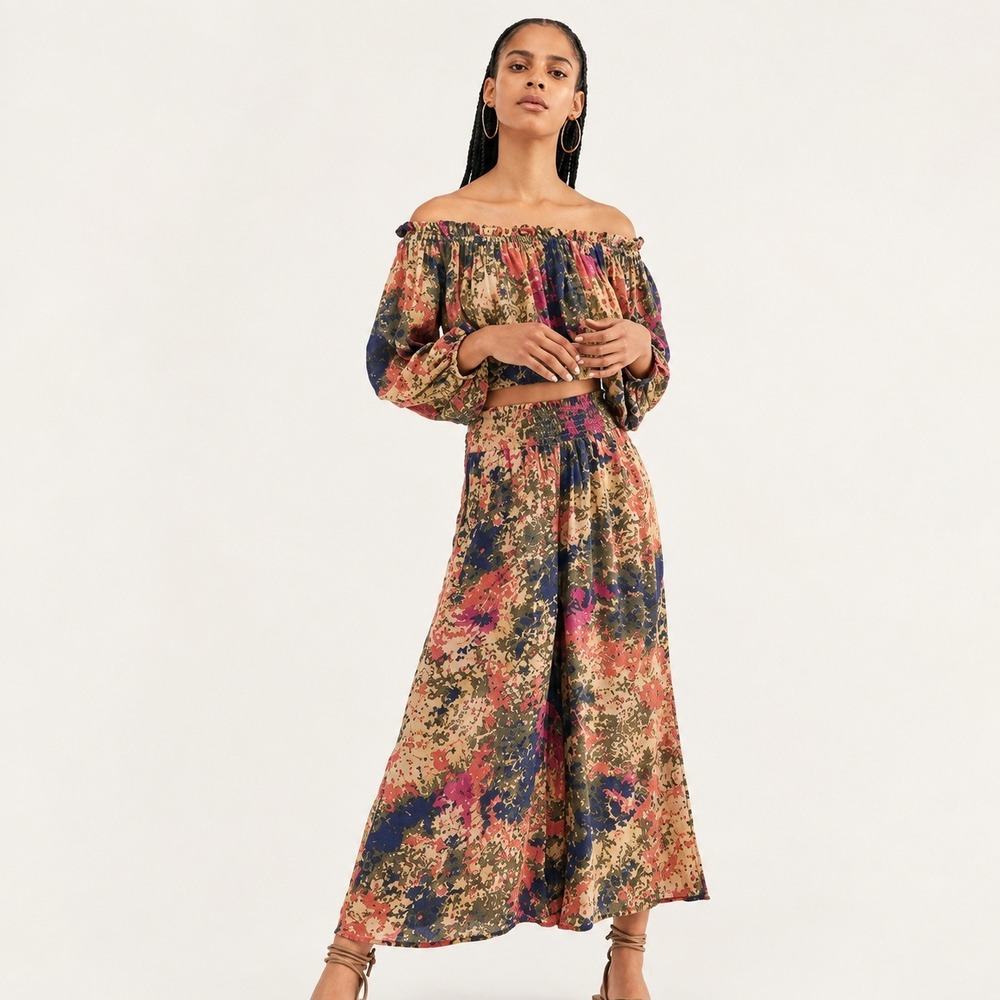 Free People Women Multi Color Abstract Floral Off Shoulder Crop Top Size Medium